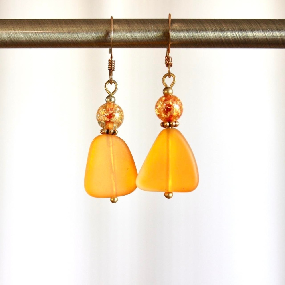 Handmade Yellow Sea Glass Drop Dangle Beaded Earrings Boho Cottagecore Fairy